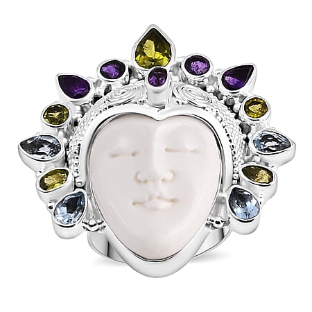 Bali Legacy Ox Bone, Peridot, Swiss Blue Topaz & African Amethyst Ring Sterling Silver 20.20 Ct, Silver Wt. 22.00 Gms.