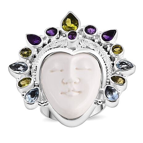 Bali Legacy Ox Bone, Peridot, Swiss Blue Topaz & African Amethyst Ring Sterling Silver 20.20 Ct, Silver Wt. 22.00 Gms.
