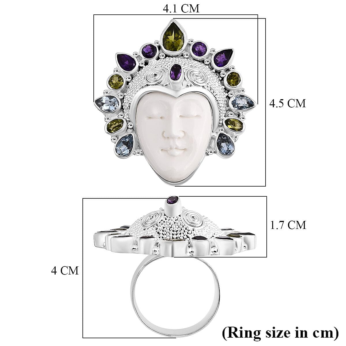 Bali Legacy Ox Bone, Peridot, Swiss Blue Topaz & African Amethyst Ring Sterling Silver 20.20 Ct, Silver Wt. 22.00 Gms.