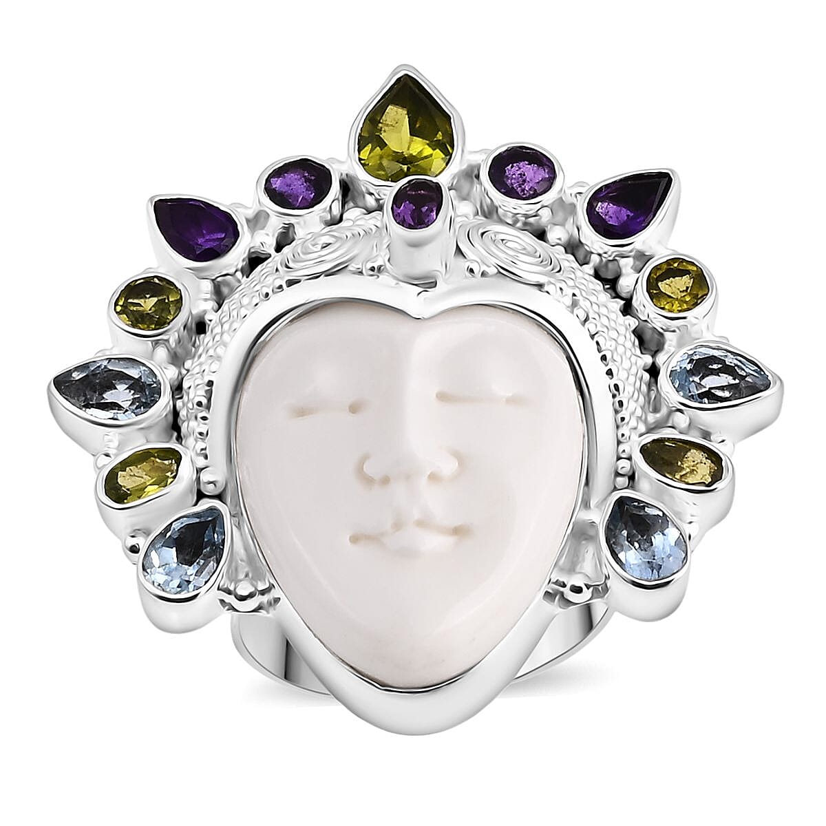 Bali Legacy Ox Bone, Peridot, Swiss Blue Topaz & African Amethyst Ring Sterling Silver 20.20 Ct, Silver Wt. 22.00 Gms.