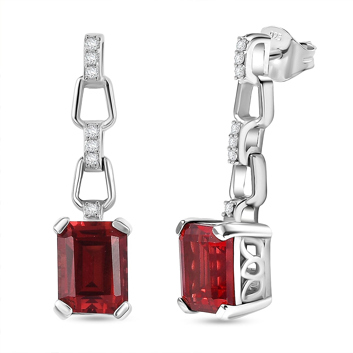 D'Joy Lab Grown Padparadscha Sapphire & White Zircon Dangling Earring with Push Back in Platinum Overlay Sterling Silver 4.72 Ct.