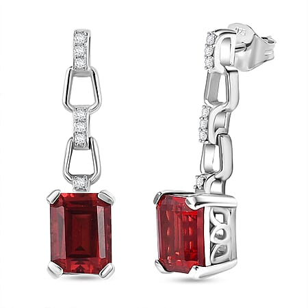D'Joy Lab Grown Padparadscha Sapphire & White Zircon Dangling Earring with Push Back in Platinum Overlay Sterling Silver 4.72 Ct.