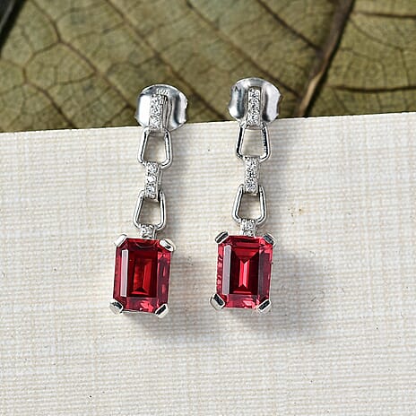 D'Joy Lab Grown Padparadscha Sapphire & White Zircon Dangling Earring with Push Back in Platinum Overlay Sterling Silver 4.72 Ct.