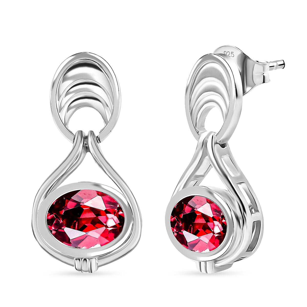 D'Joy Lab Grown Padparadscha Sapphire Solitaire Stud Push Post Earring in Platinum Overlay Sterling Silver 3.06 Ct.