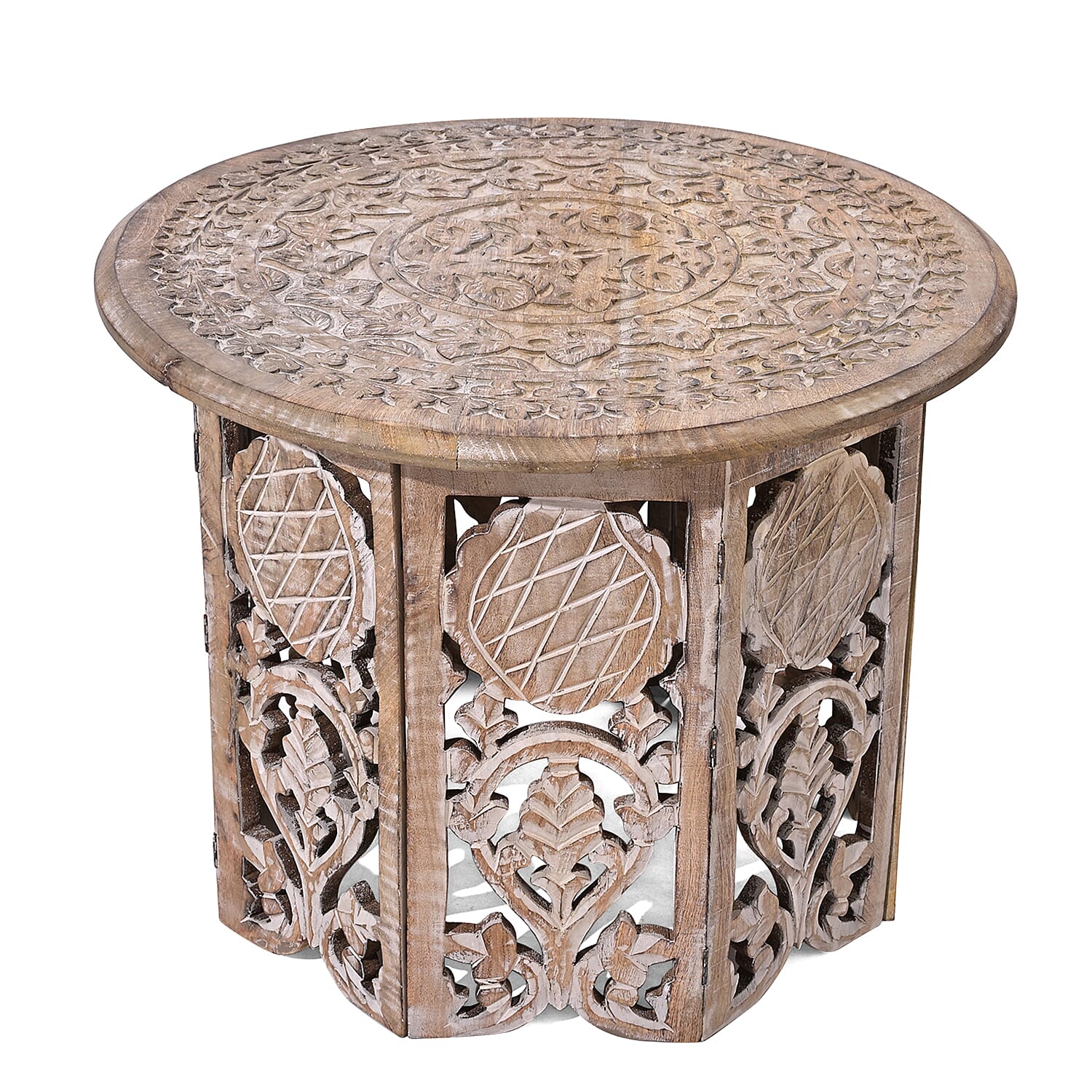 NAKKASHI Hand Carved Mango Wood Table (Size 68x68x51Cm) - White