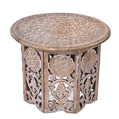 NAKKASHI Hand Carved Mango Wood Table (Size 68x68x51Cm) - White