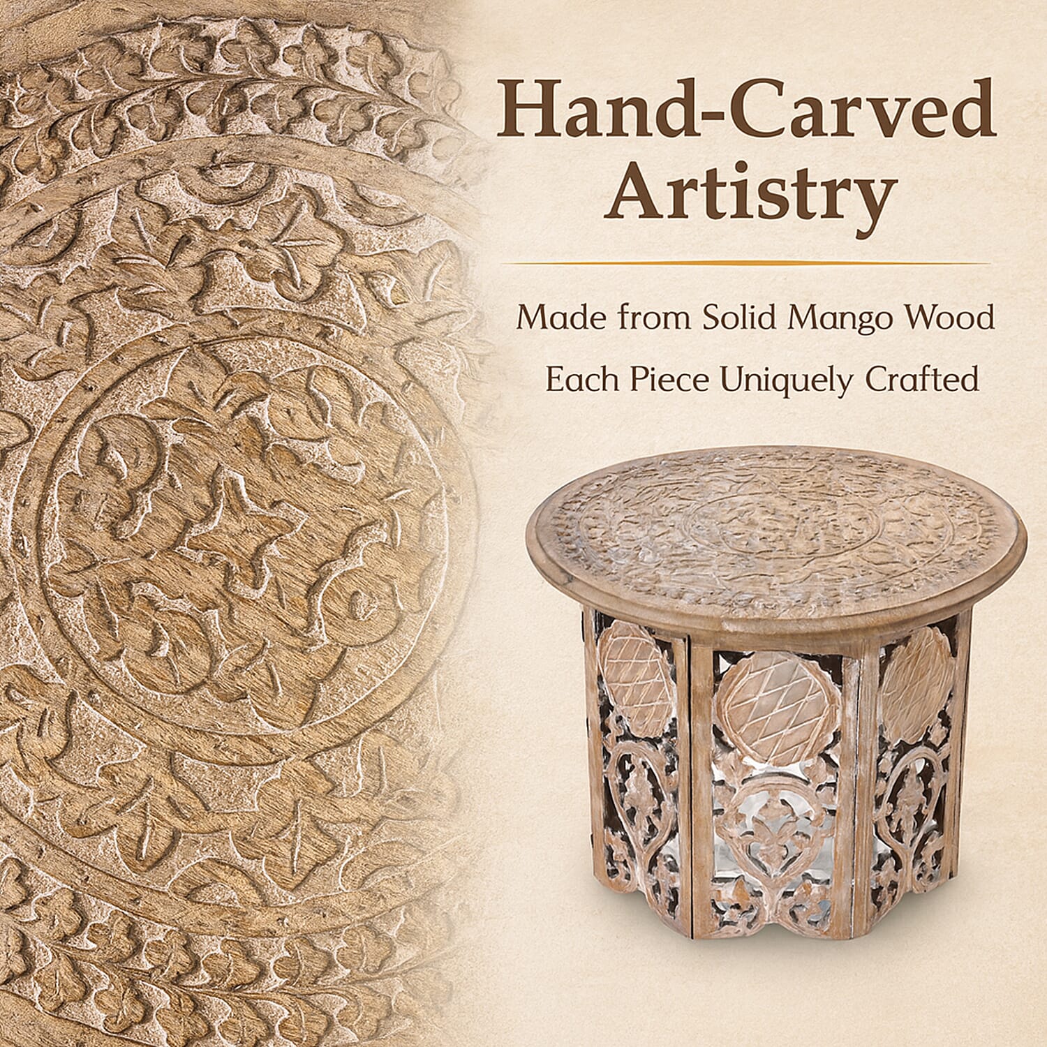 NAKKASHI Hand Carved Mango Wood Table (Size 68x68x51Cm) - White