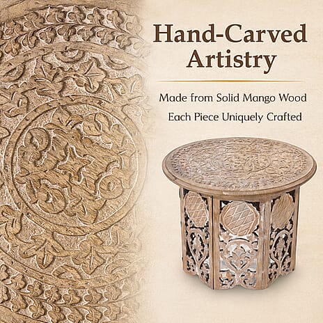 NAKKASHI Hand Carved Mango Wood Table (Size 68x68x51Cm) - White