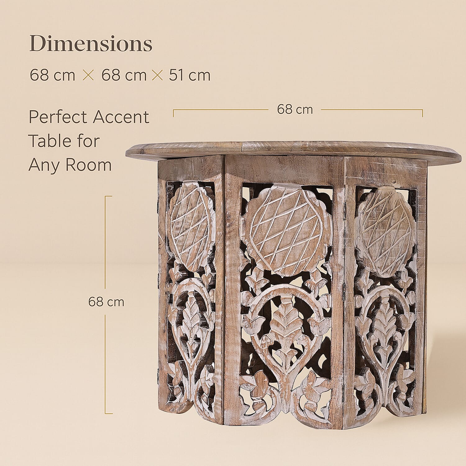 NAKKASHI Hand Carved Mango Wood Table (Size 68x68x51Cm) - White