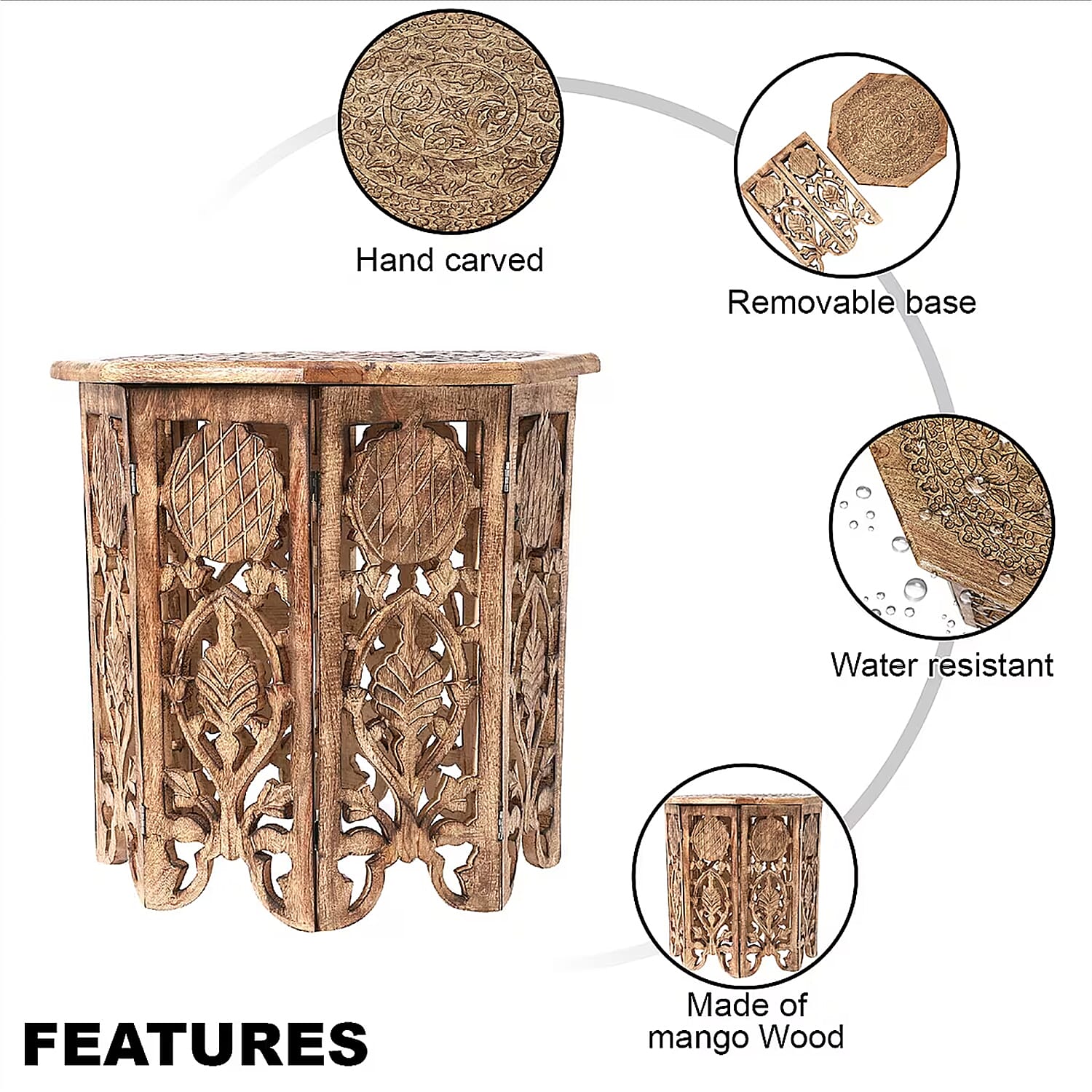 NAKKASHI Hand Carved Mango Wood Table (Size 68x68x51Cm) - White