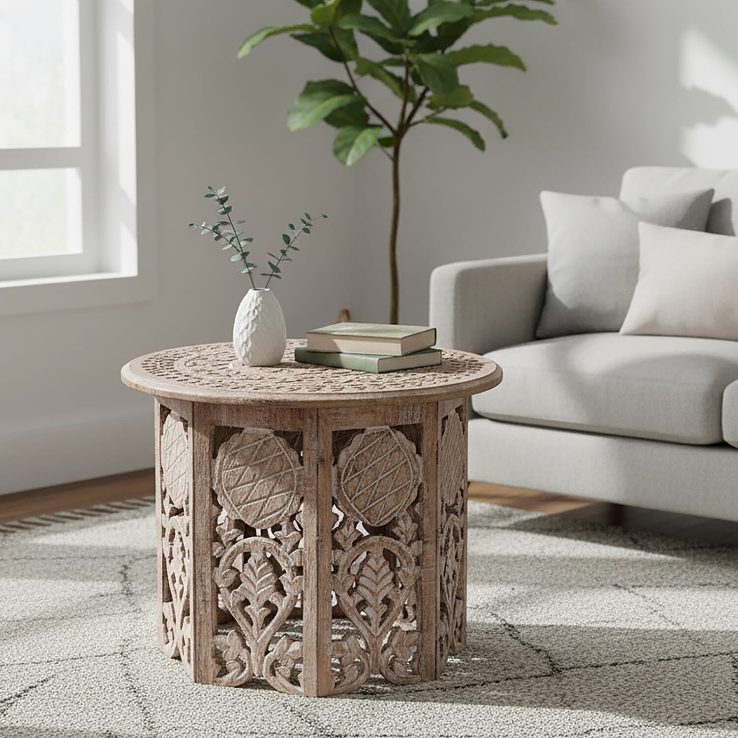 NAKKASHI Hand Carved Mango Wood Table (Size 68x68x51Cm) - White
