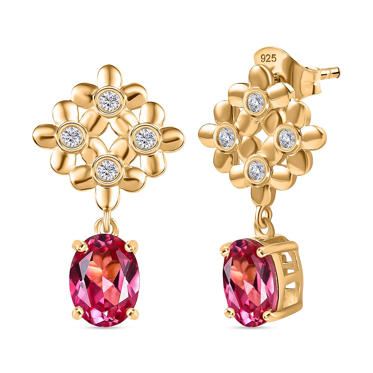 D'Joy Lab Grown Padparadscha Sapphire & White Zircon Earring in 18K Yellow Gold Plating Sterling Silver 5.72 Ct.