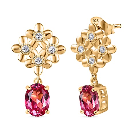 D'Joy Lab Grown Padparadscha Sapphire & White Zircon Earring in 18K Yellow Gold Plating Sterling Silver 5.72 Ct.