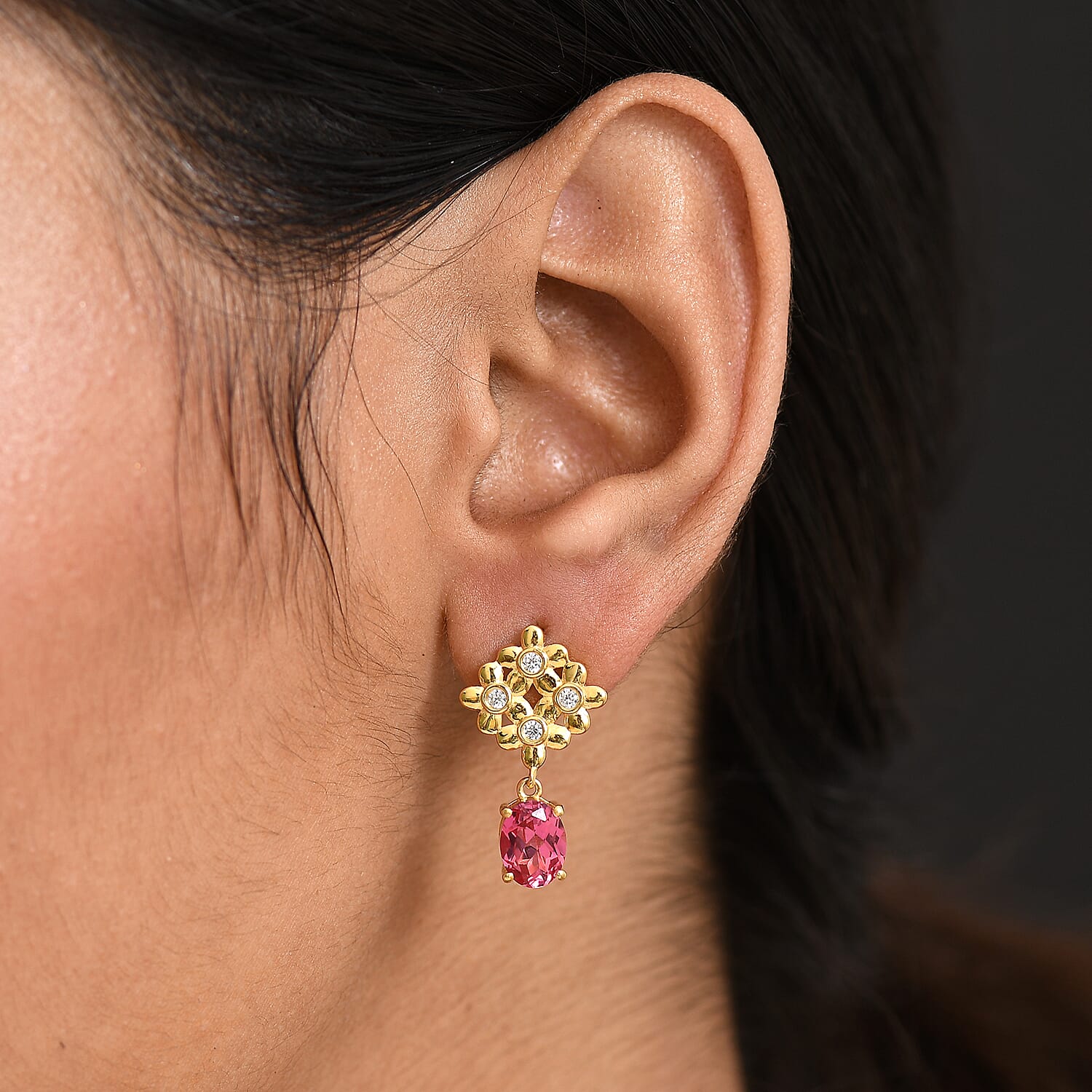 D'Joy Lab Grown Padparadscha Sapphire & White Zircon Earring in 18K Yellow Gold Plating Sterling Silver 5.72 Ct.