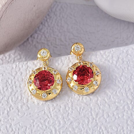 D'Joy Lab Grown Padparadscha Sapphire & White Zircon Dangling Earring in 18K Yellow Gold Plated Sterling Silver 6.36 Ct.