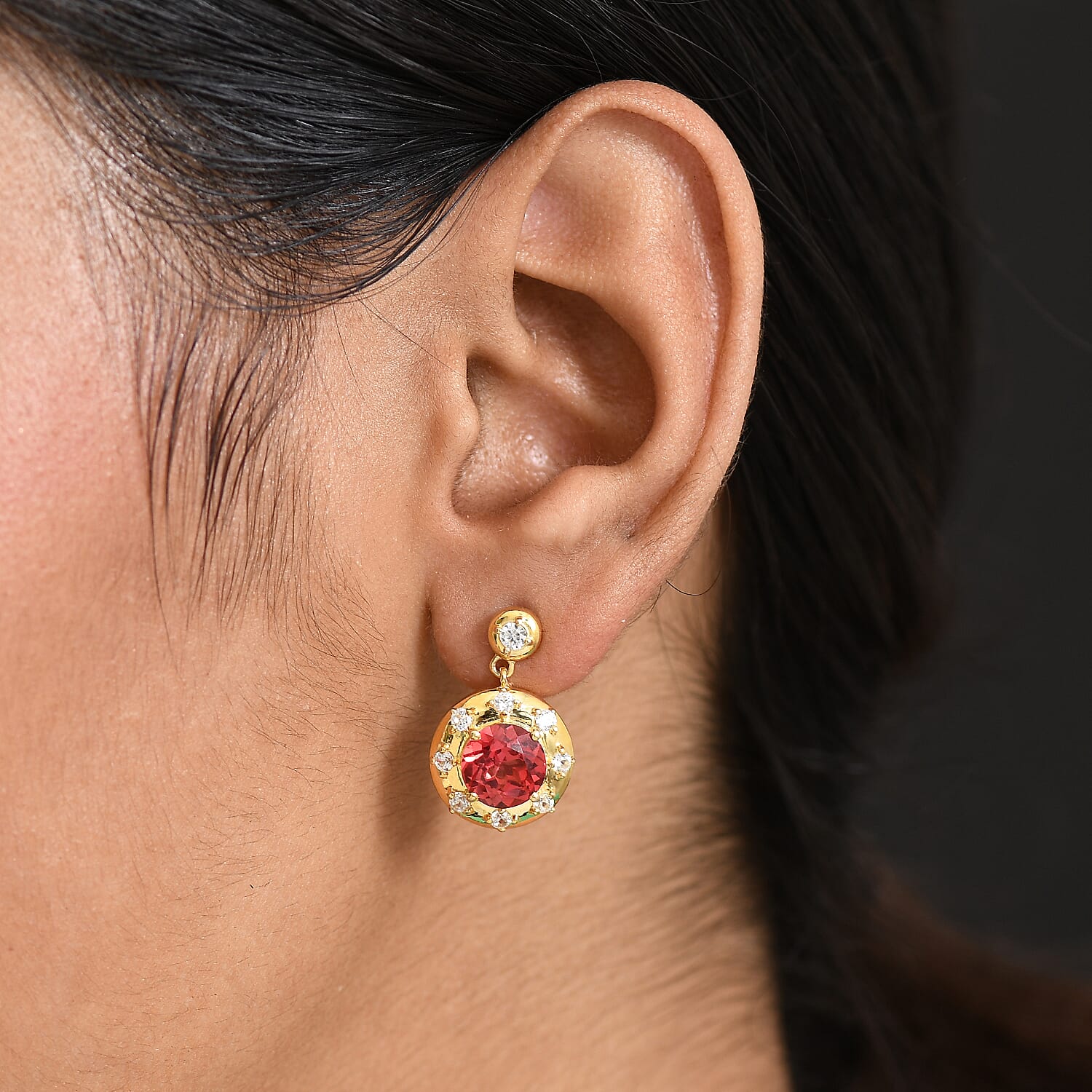 D'Joy Lab Grown Padparadscha Sapphire & White Zircon Dangling Earring in 18K Yellow Gold Plated Sterling Silver 6.36 Ct.