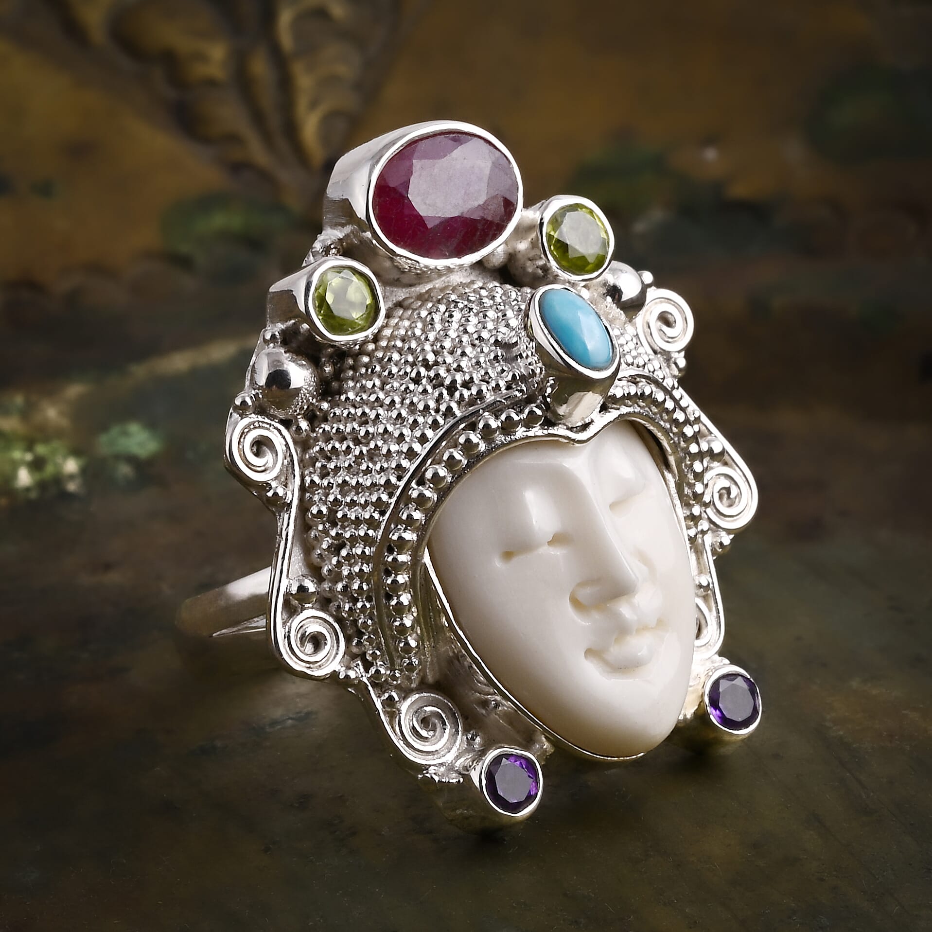 Royal Bali Collection - Ox Bone & Multi Gemstones Ring in Sterling Silver 8.55 Ct, Silver Wt. 12.00 Gms.