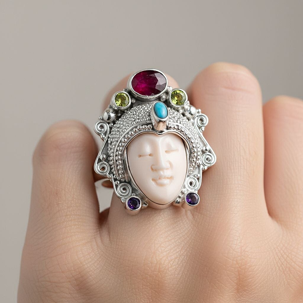 Royal Bali Collection - Ox Bone & Multi Gemstones Ring in Sterling Silver 8.55 Ct, Silver Wt. 12.00 Gms.