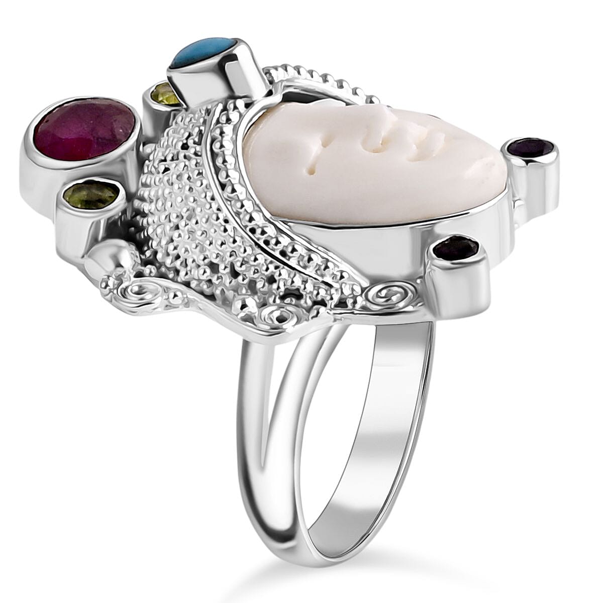 Royal Bali Collection - Ox Bone & Multi Gemstones Ring in Sterling Silver 8.55 Ct, Silver Wt. 12.00 Gms.