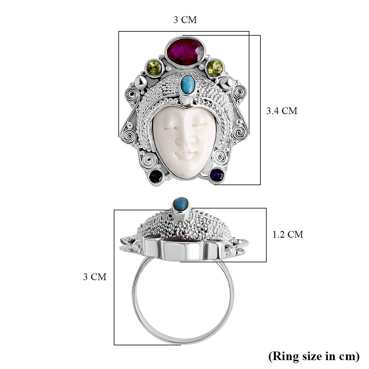 Royal Bali Collection - Ox Bone & Multi Gemstones Ring in Sterling Silver 8.55 Ct, Silver Wt. 12.00 Gms.