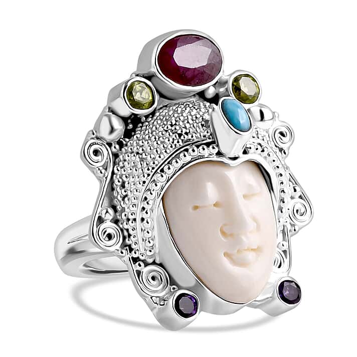 Royal Bali Collection - Ox Bone & Multi Gemstones Ring in Sterling Silver 8.55 Ct, Silver Wt. 12.00 Gms.
