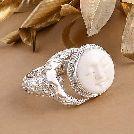 Royal Bali Goddess Collection - Ox Bone Ring in Sterling Silver 1.50 Ct, Silver Wt. 8.50 Gms