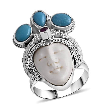 Bali Legacy Ox Bone, Fissure Filled Ruby & Turquoise Ring in Sterling Silver 8.27 Ct, Silver Wt. 11.00 Gms