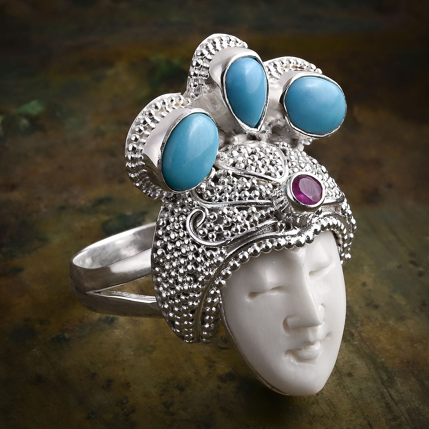 Bali Legacy Ox Bone, Fissure Filled Ruby & Turquoise Ring in Sterling Silver 8.27 Ct, Silver Wt. 11.00 Gms