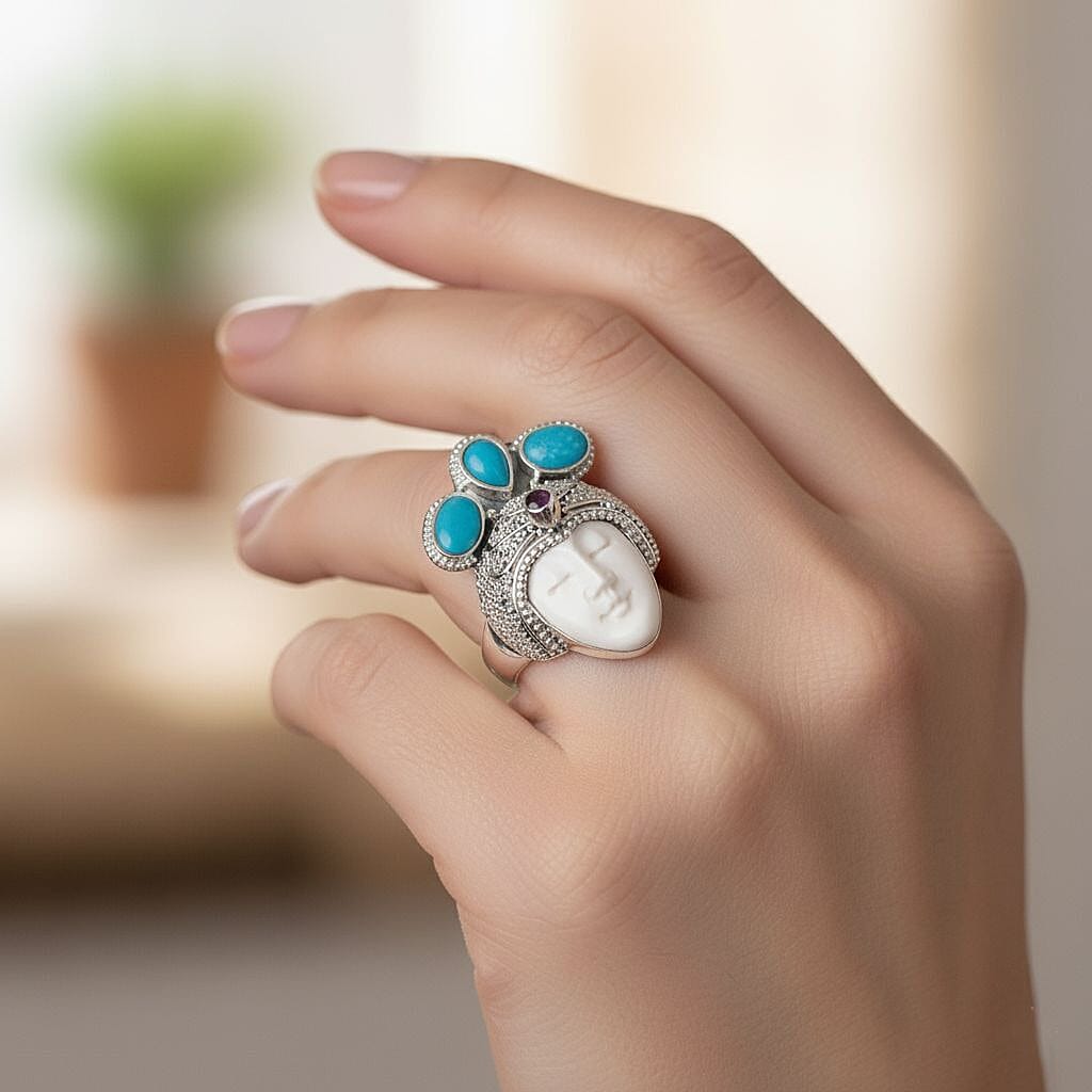 Bali Legacy Ox Bone, Fissure Filled Ruby & Turquoise Ring in Sterling Silver 8.27 Ct, Silver Wt. 11.00 Gms