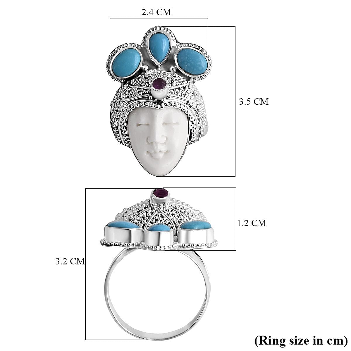 Bali Legacy Ox Bone, Fissure Filled Ruby & Turquoise Ring in Sterling Silver 8.27 Ct, Silver Wt. 11.00 Gms