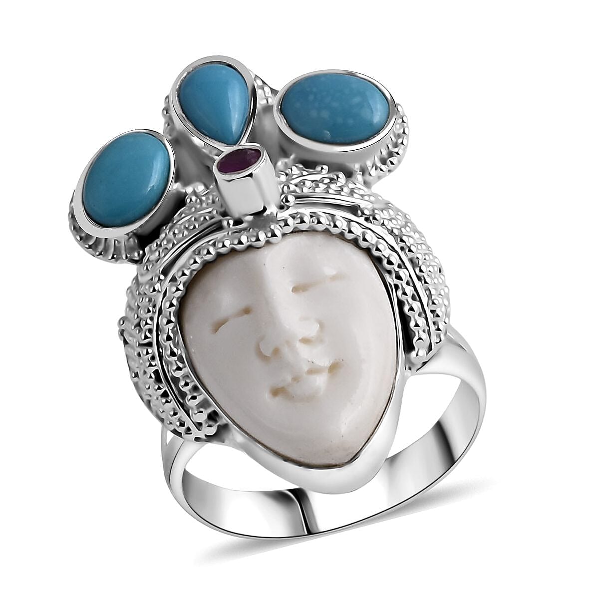 Royal Princess Bali Collection - Ox Bone, Fissure Filled Ruby & Turquoise Ring in Sterling Silver 8.27 Ct, Silver Wt. 11.00 Gms