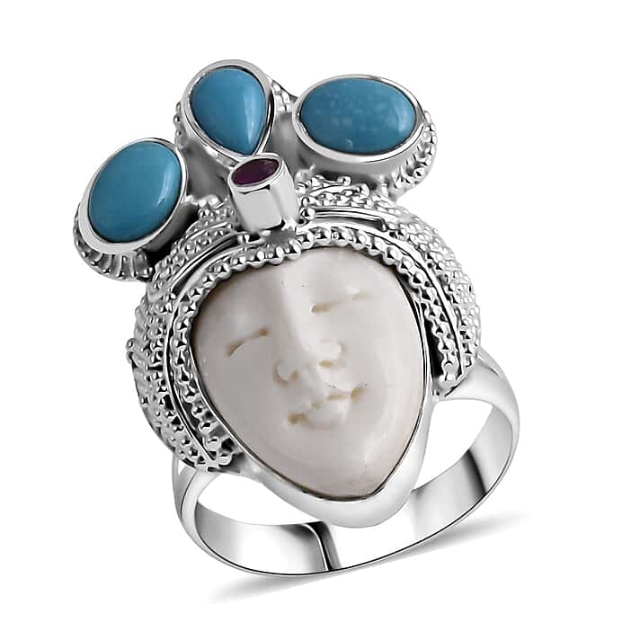 Royal Princess Bali Collection - Ox Bone, Fissure Filled Ruby & Turquoise Ring in Sterling Silver 8.27 Ct, Silver Wt. 11.00 Gms