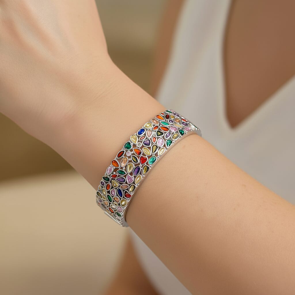 Designer Inspired - Multi Color Cubic Zirconia Cuff Bangle (Size - 7.5)
