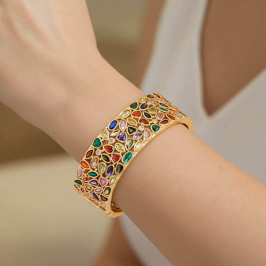Designer Inspired - Multi Color Cubic Zirconia Cuff Bangle (Size - 7.5)