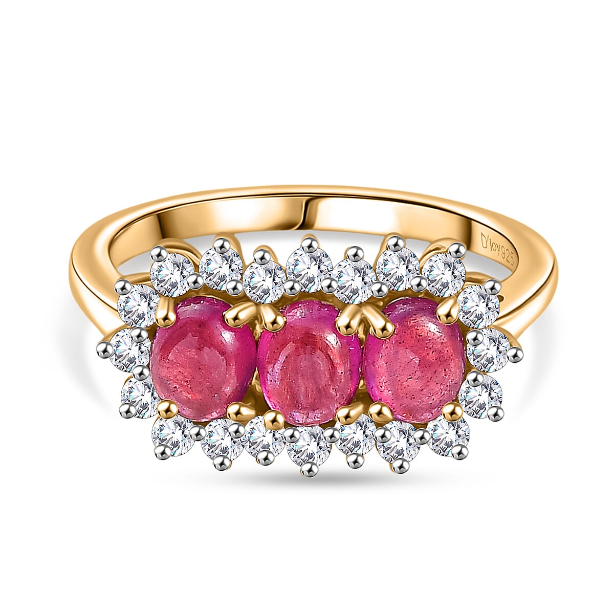 D'Joy Cabo Delgado Ruby & White Zircon 3 Stone Halo Ring in Yellow Gold Plated Sterling Silver 2.49 Ct.