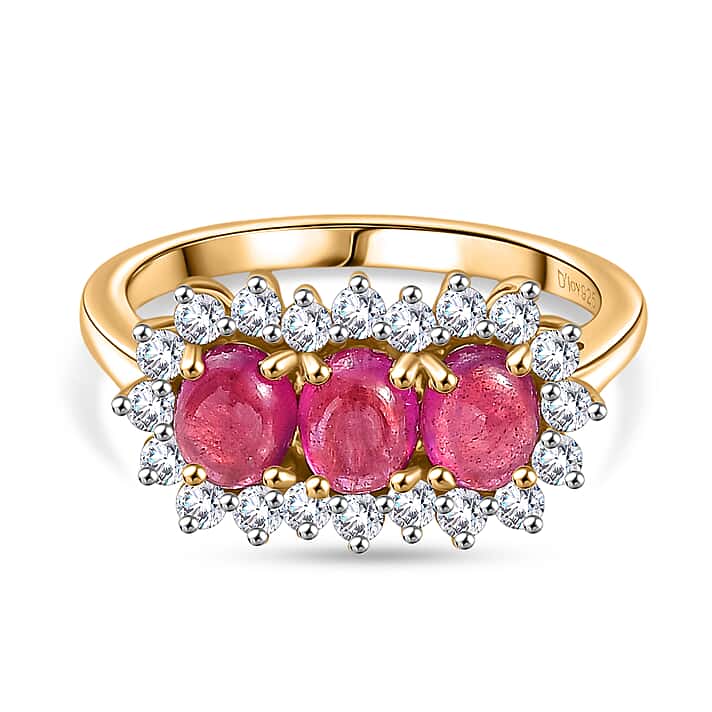 D'Joy Cabo Delgado Ruby & White Zircon 3 Stone Halo Ring in Yellow Gold Plated Sterling Silver 2.49 Ct.