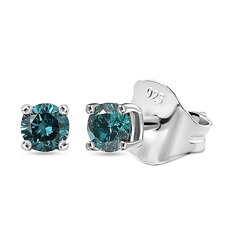 Luxuriant Lab Grown Blue Diamond Earring (VS-EF) with Push Back in Rhodium Overlay Sterling Silver 0.25 Ct.