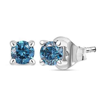 LUXURIANT 0.50 Ct. Lab Grown Blue Diamond Brilliant-Cut Solitaire Stud Earring with Push Back in Rhodium Overlay Sterling Silver (VS-EF)