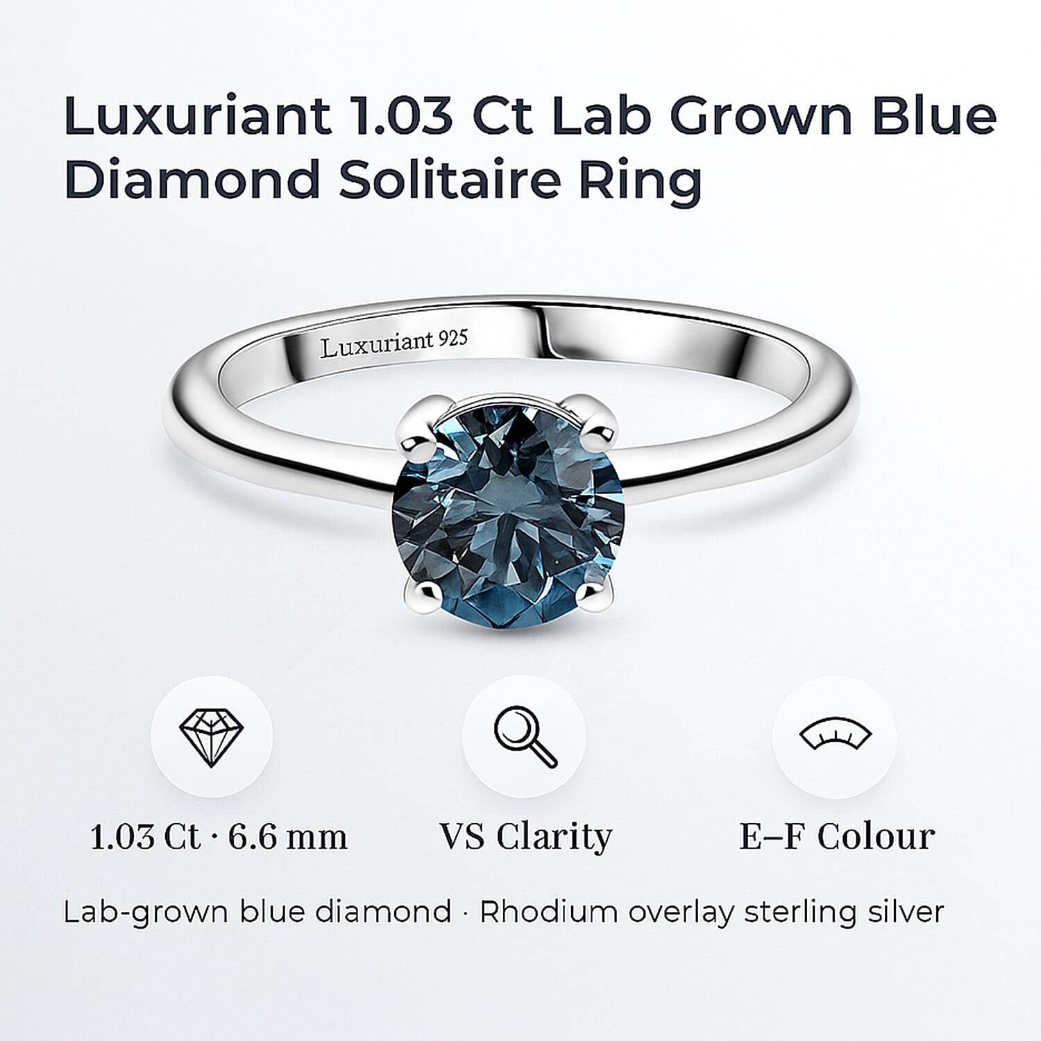 Luxuriant Lab Grown Blue Diamond (VS-E-F) Solitaire Ring in Rhodium Overlay Sterling Silver 1.03 Ct.