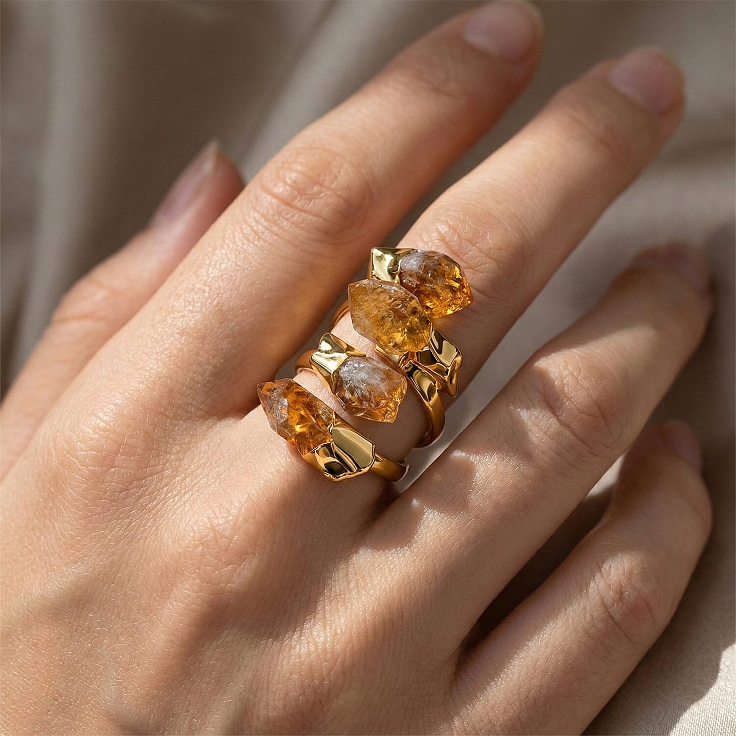 Citrine Ruff Cut Stone Ring (Size Adjustable) in Yellow Gold Plated 10.00 Ct.