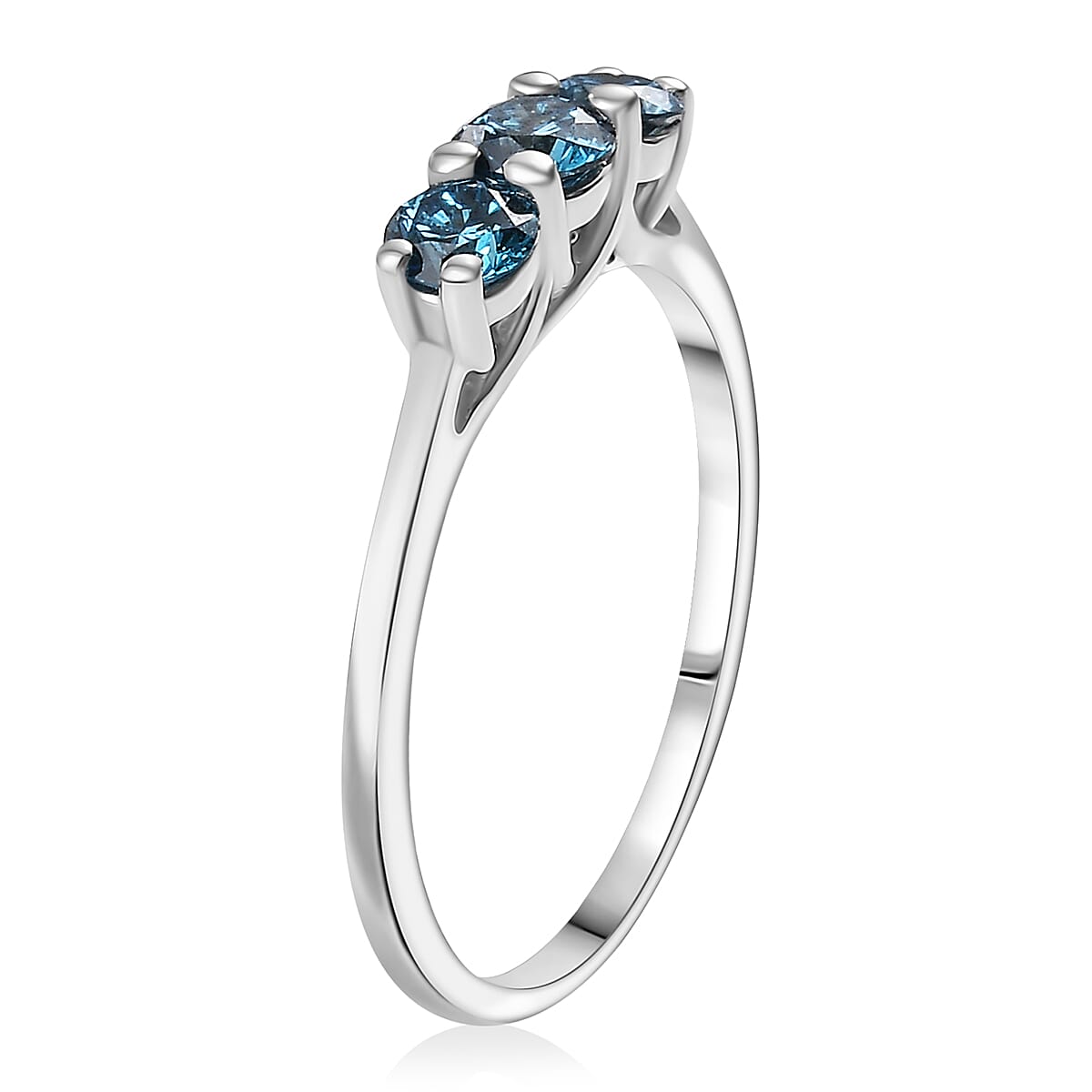 Luxuriant Lab Grown Blue Diamond (SI-G-H) 3 Stone Ring in Rhodium Overlay Sterling Silver 0.53 Ct.