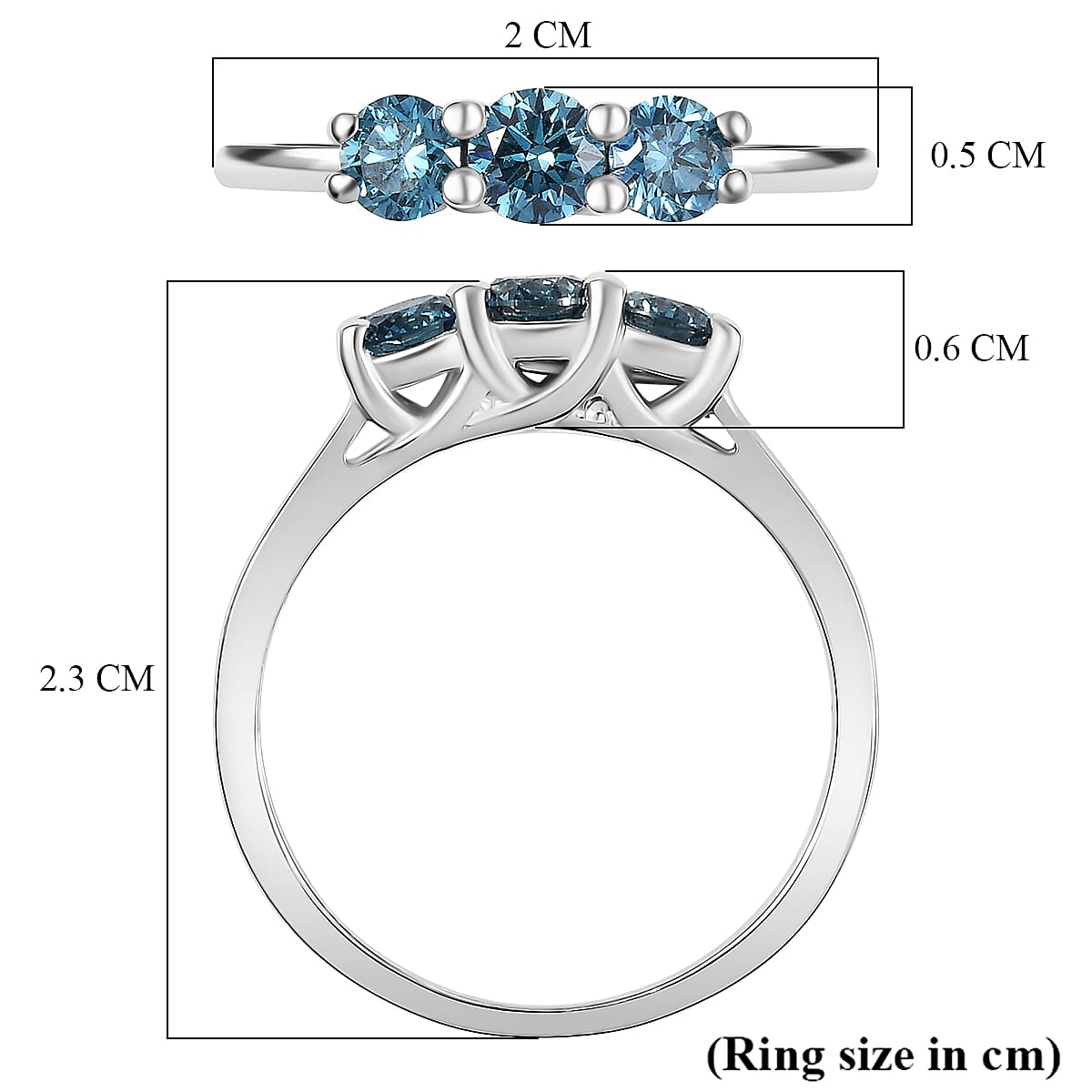 Luxuriant Lab Grown Blue Diamond (SI-G-H) 3 Stone Ring in Rhodium Overlay Sterling Silver 0.53 Ct.