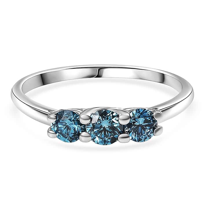 LUXURIANT 0.53 Ct. Lab Grown Blue Diamond 3-Stone Ring in Rhodium Overlay Sterling Silver (SI-GH)