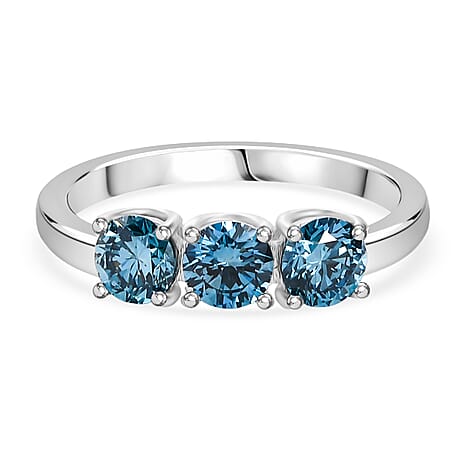 Luxuriant Lab Grown Blue Diamond (VS-EF) 3 Stone Ring in Rhodium Overlay Sterling Silver 1.00 Ct.