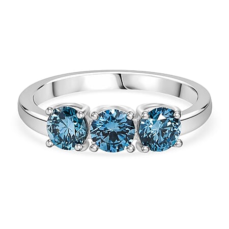 LUXURIANT 1 Ct. Lab Grown Blue Diamond 3-Stone Ring in Rhodium Overlay Sterling Silver (VS-EF) LUXURIANT 1 Ct. Lab Grown Blue Diamond 3-Stone Ring in Rhodium Overlay Sterling Silver (VS-EF)