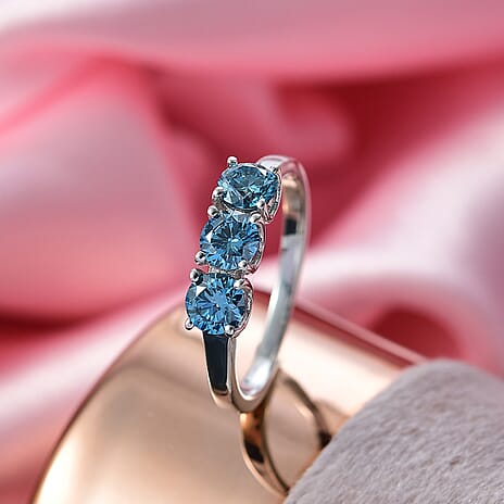 Luxuriant Lab Grown Blue Diamond (VS-EF) 3 Stone Ring in Rhodium Overlay Sterling Silver 1.00 Ct.