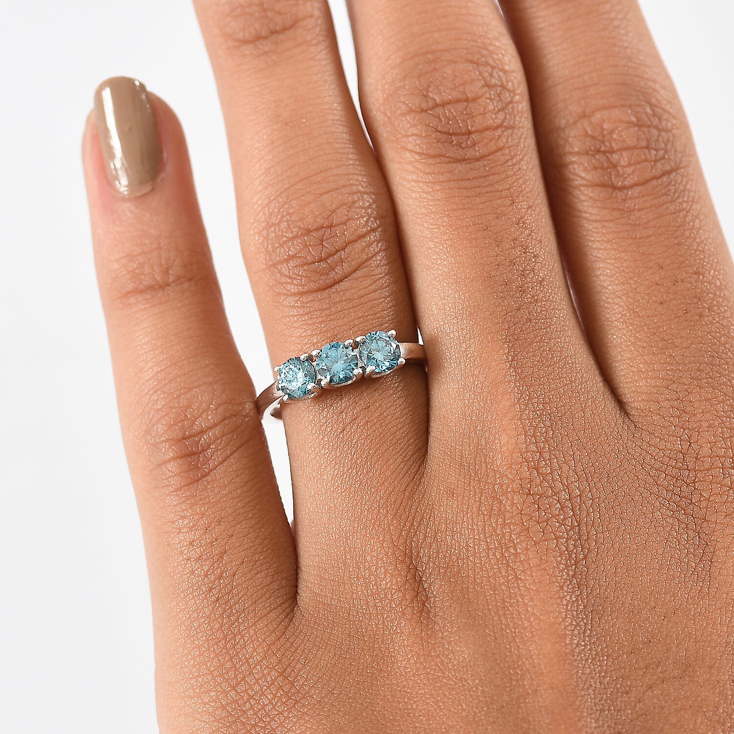 Luxuriant Lab Grown Blue Diamond (VS-EF) 3 Stone Ring in Rhodium Overlay Sterling Silver 1.00 Ct.