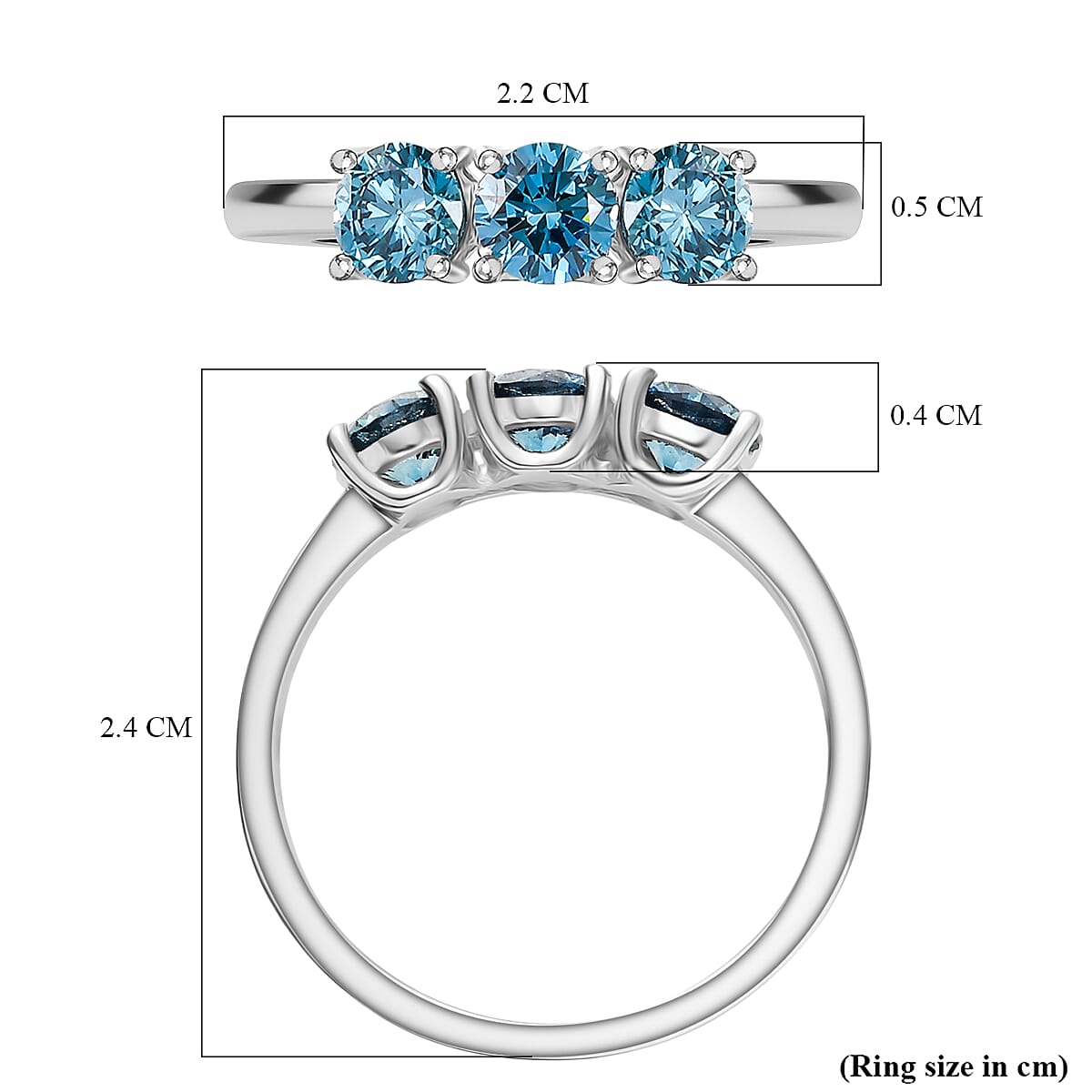 Luxuriant Lab Grown Blue Diamond (VS-EF) 3 Stone Ring in Rhodium Overlay Sterling Silver 1.00 Ct.