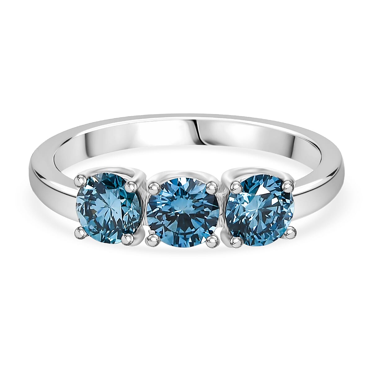 LUXURIANT 1 Ct. Lab Grown Blue Diamond 3-Stone Ring in Rhodium Overlay Sterling Silver (VS-EF)