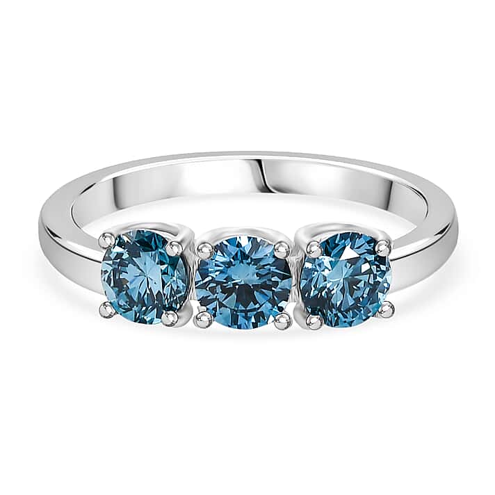 LUXURIANT 1 Ct. Lab Grown Blue Diamond 3-Stone Ring in Rhodium Overlay Sterling Silver (VS-EF)
